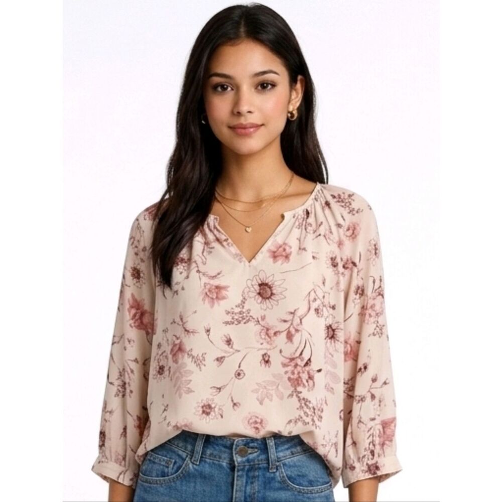 Maurices Beige & Maroon Floral Split V-neck 3/4 Sleeve Peasant Blouse Size XS